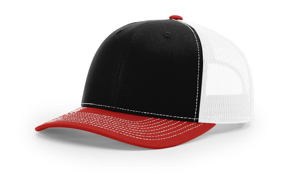 Richardson 112 Trucker Hat with Custom Embroidery HATS prestoembroidery BLACK WHITE RED BILL