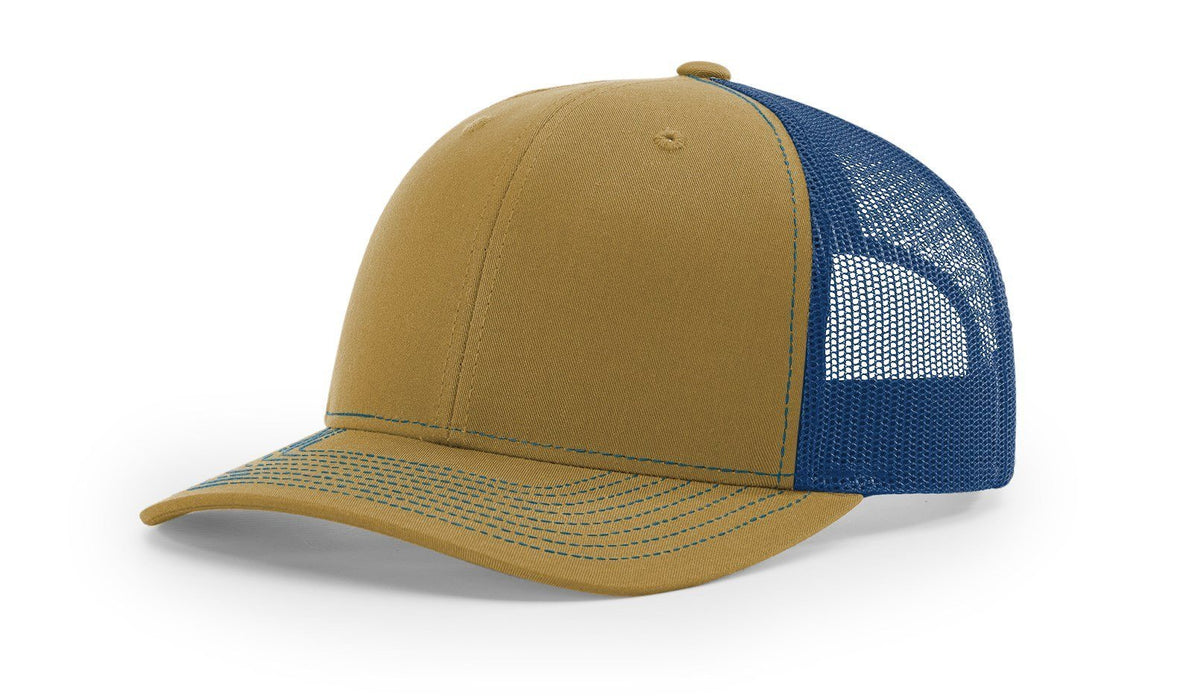 Richardson 112 Trucker Hat with Custom Embroidery HATS prestoembroidery SPLIT: BISCUIT/TRUE BLUE