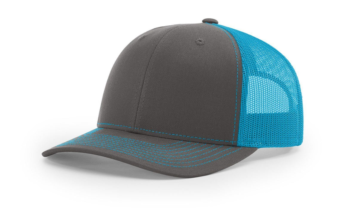 Richardson 112 Trucker Hat with Custom Embroidery HATS prestoembroidery SPLIT: CHARCOAL/NEON BLUE