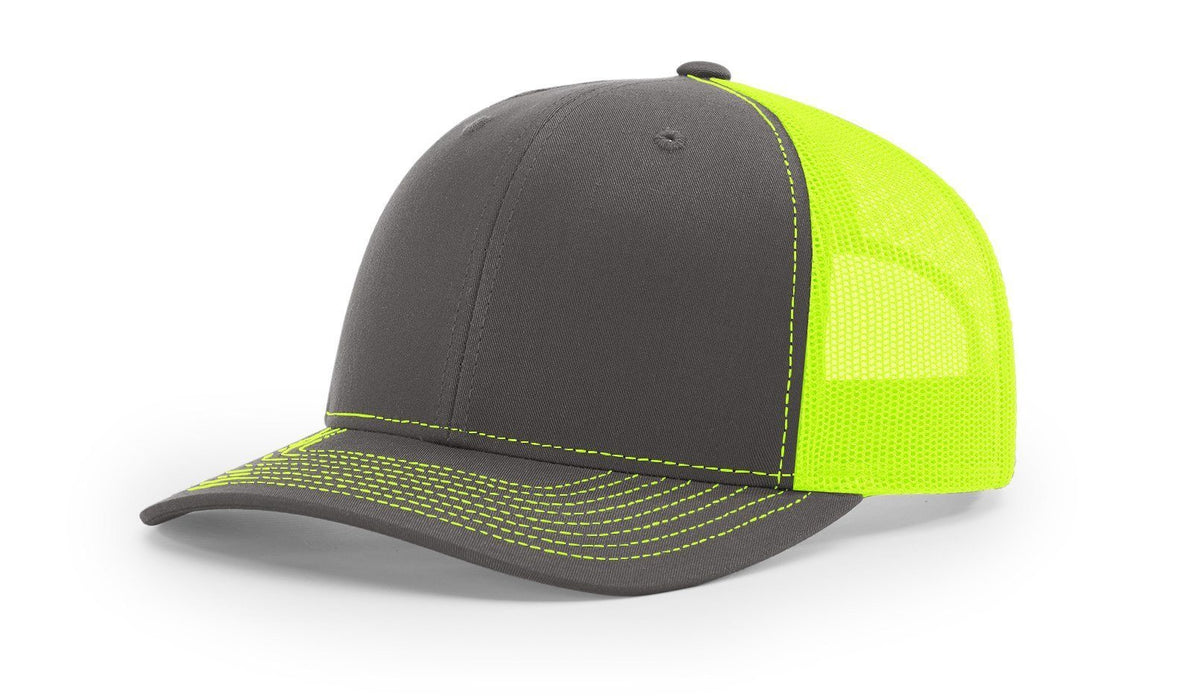 Richardson 112 Trucker Hat with Custom Embroidery HATS prestoembroidery SPLIT: CHARCOAL/NEON YELLOW