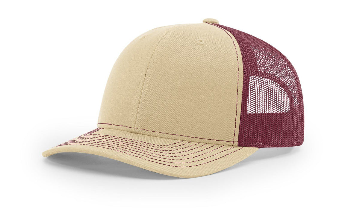 Richardson 112 Trucker Hat with Custom Embroidery HATS prestoembroidery SPLIT: KHAKI/BURGUNDY