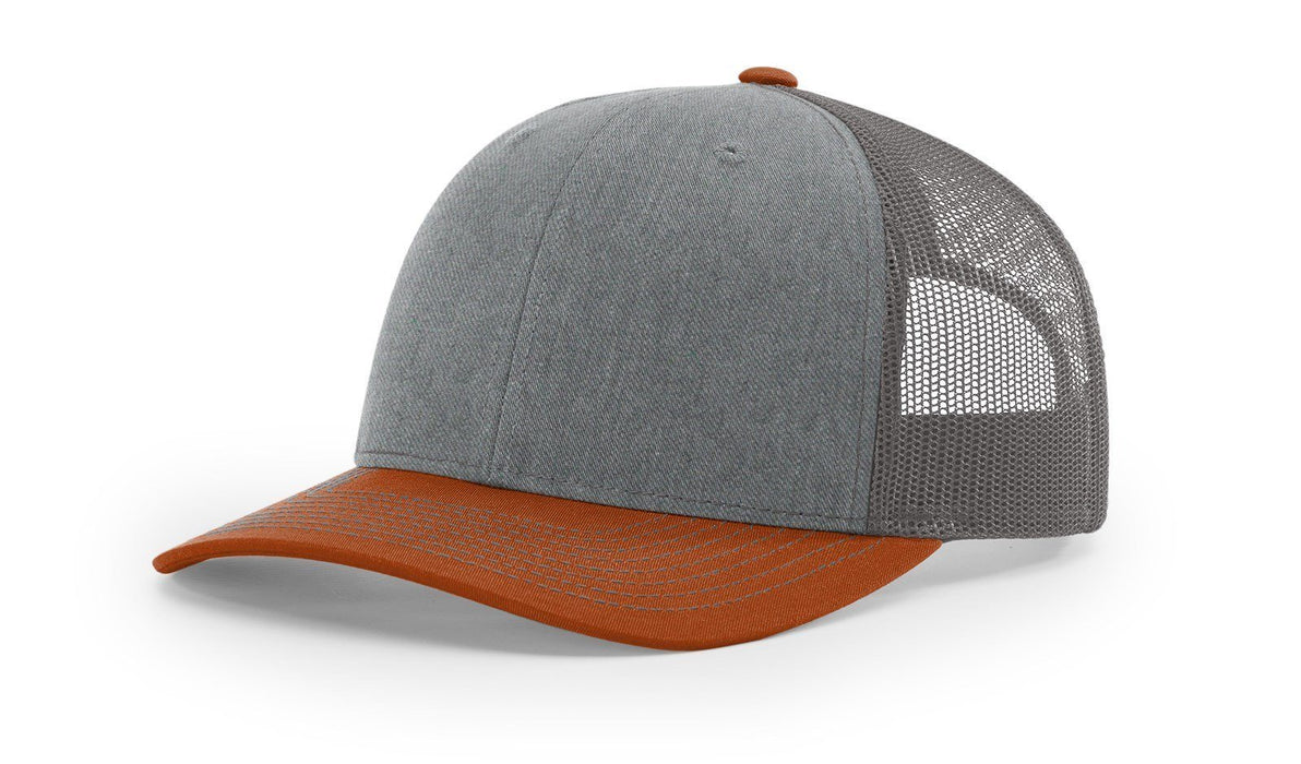Richardson 112 Trucker Hat with Custom Embroidery HATS prestoembroidery TRI-COLOR: HEATHER GREY/CHARCOAL/DARK ORANGE