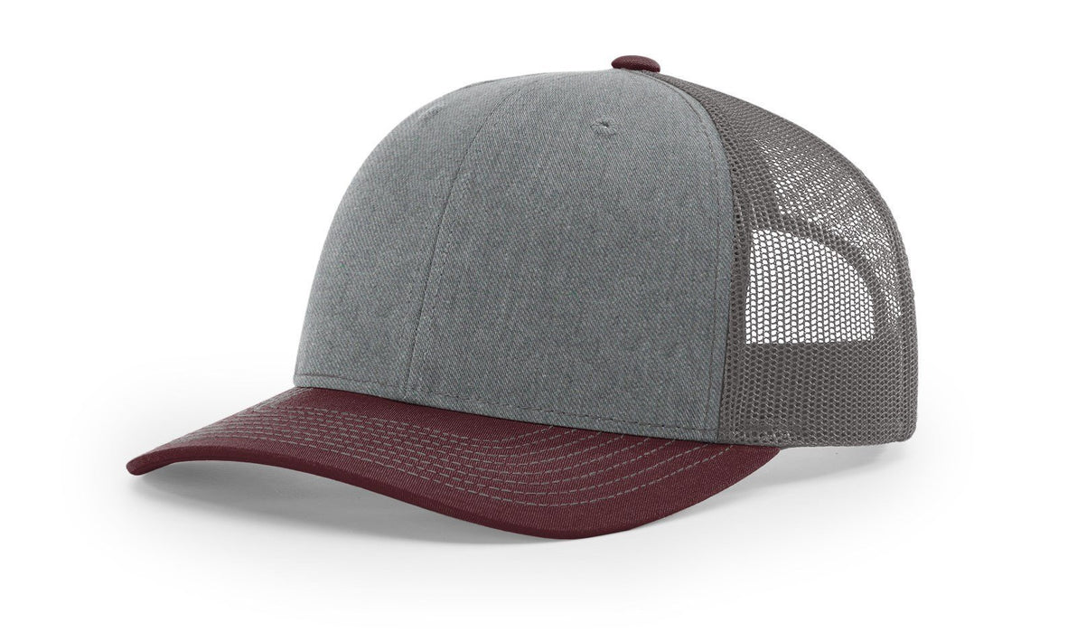 Richardson 112 Trucker Hat with Custom Embroidery HATS prestoembroidery TRI-COLOR: HEATHER GREY/CHARCOAL/MAROON