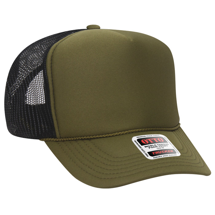 OTTO 39-165 custom embroidered trucker hat, Olive / Black Mesh