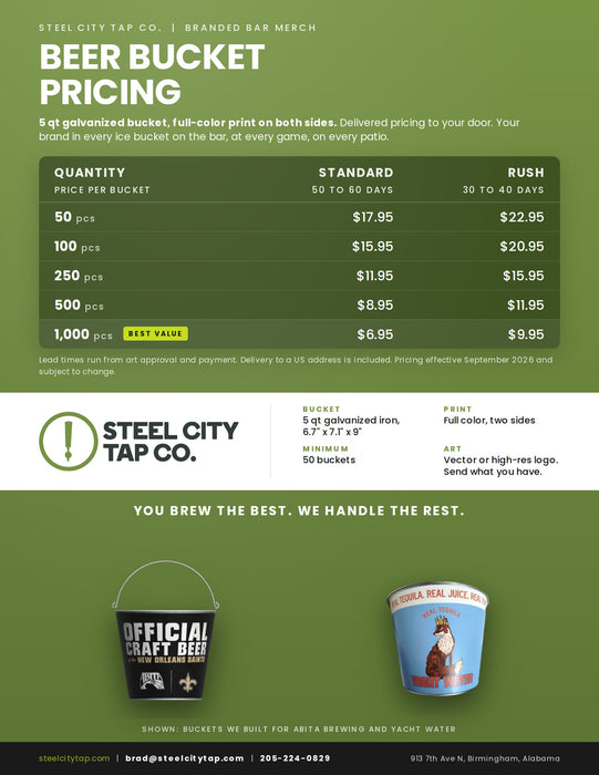 Custom beer bucket price sheet 2026: per bucket pricing for 50 to 1,000 pieces, standard and rush