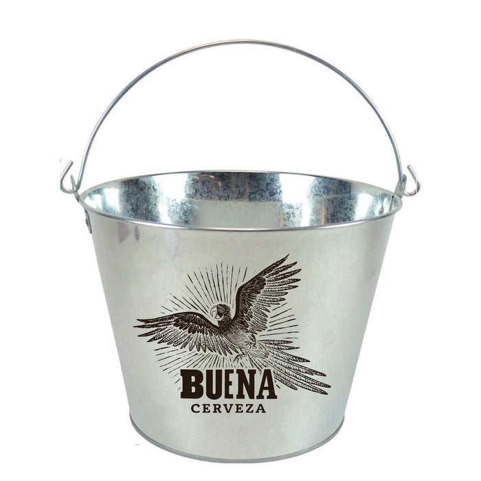 Galvanized steel beer bucket with one color logo print for Buena Cerveza, Steel City Tap Co.