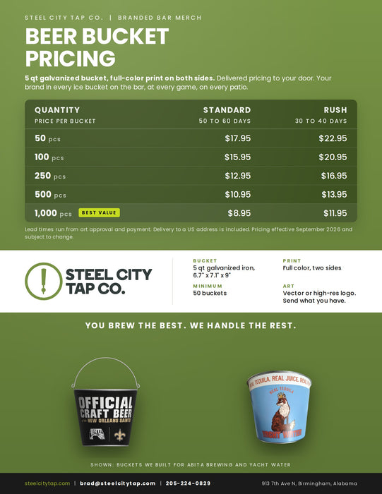 Custom beer bucket price sheet, standard and rush pricing from 50 to 1,000 pieces, Steel City Tap Co.