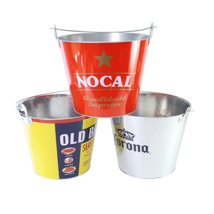 Beer bucket print style examples: full color wrap, solid color with spot print, and logo printed on bare galvanized metal