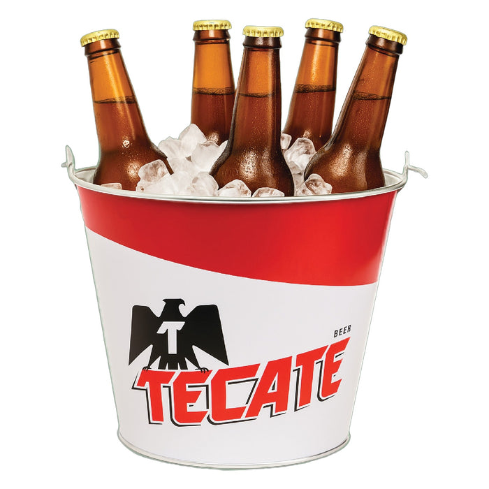 Custom printed Tecate beer bucket with bottles on ice, red and white full wrap, Steel City Tap Co.