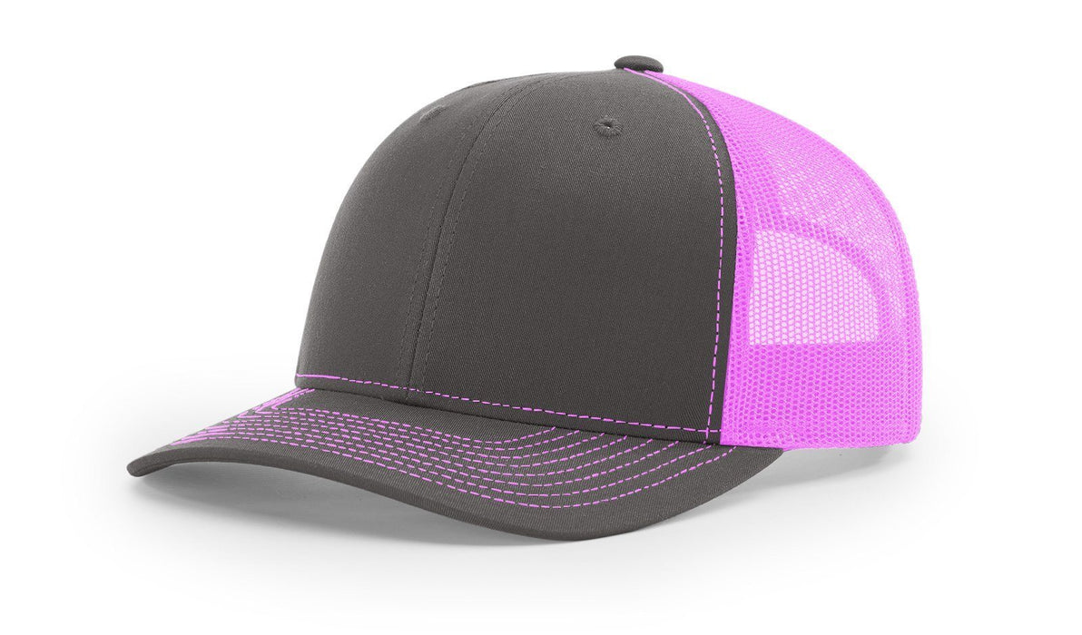 Richardson 112 Trucker Hat with Embroidered Patch HATS prestoembroidery SPLIT: CHARCOAL/NEON PINK 