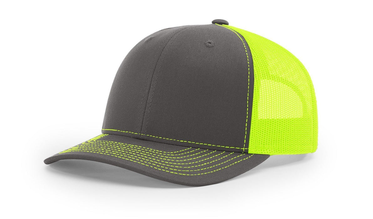 Richardson 112 Trucker Hat with Leather Patch HATS prestoembroidery SPLIT: CHARCOAL/NEON YELLOW 