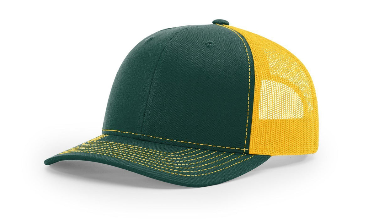 Richardson 112 Trucker Hat with Leather Patch HATS prestoembroidery SPLIT: DARK GREEN/GOLD 