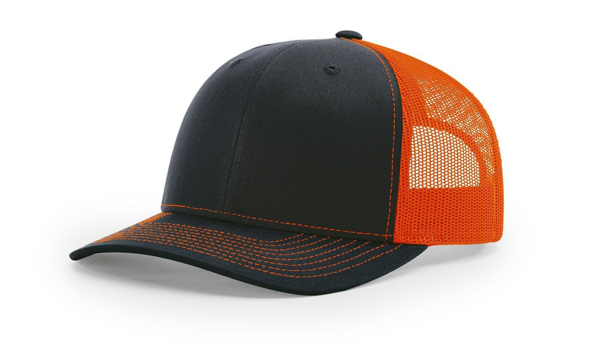 Richardson 112 Trucker Hat with Leather Patch HATS prestoembroidery SPLIT: NAVY/NEON ORANGE 