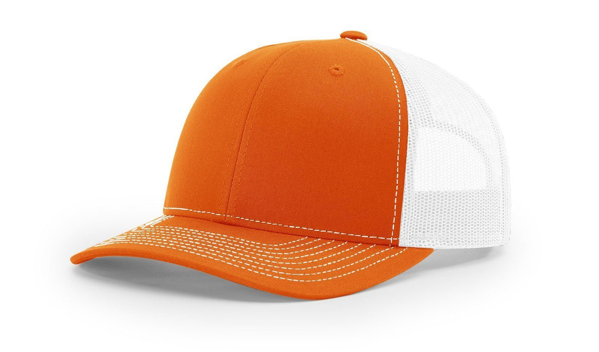 Richardson 112 Trucker Hat with Leather Patch HATS prestoembroidery SPLIT: ORANGE/WHITE 